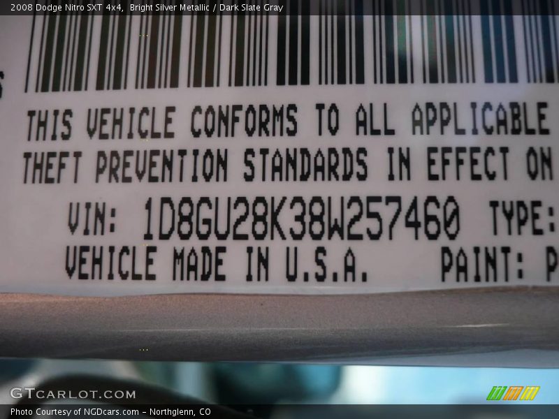 Bright Silver Metallic / Dark Slate Gray 2008 Dodge Nitro SXT 4x4