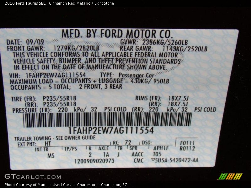 2010 Taurus SEL Cinnamon Red Metallic Color Code HT