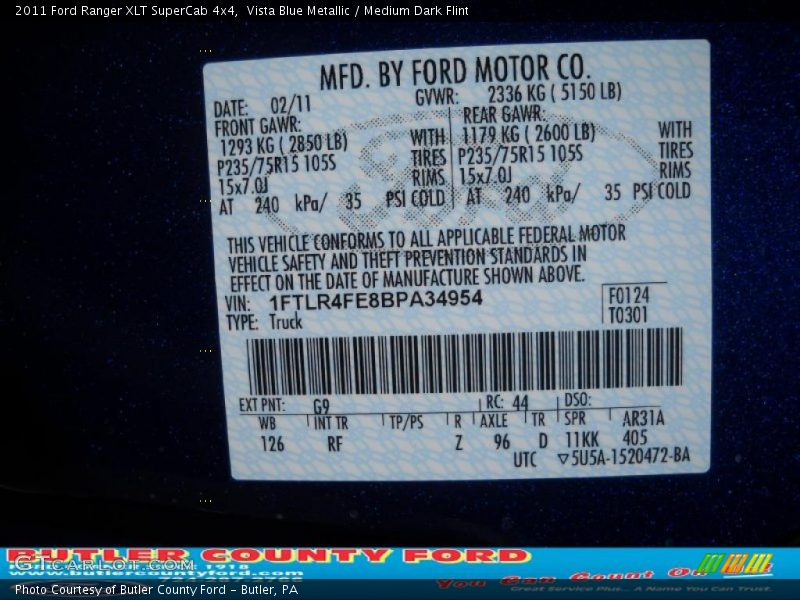 Vista Blue Metallic / Medium Dark Flint 2011 Ford Ranger XLT SuperCab 4x4