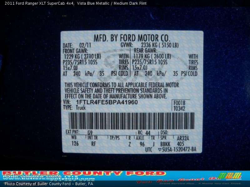 Vista Blue Metallic / Medium Dark Flint 2011 Ford Ranger XLT SuperCab 4x4