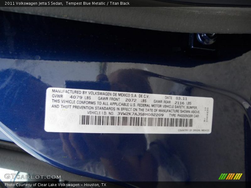 Tempest Blue Metallic / Titan Black 2011 Volkswagen Jetta S Sedan