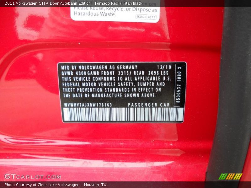 Tornado Red / Titan Black 2011 Volkswagen GTI 4 Door Autobahn Edition