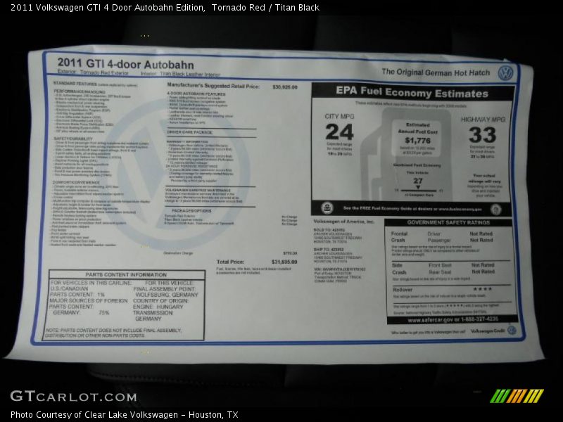  2011 GTI 4 Door Autobahn Edition Window Sticker