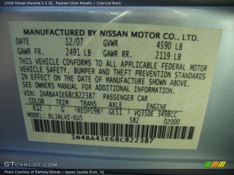 Radiant Silver Metallic / Charcoal Black 2008 Nissan Maxima 3.5 SE