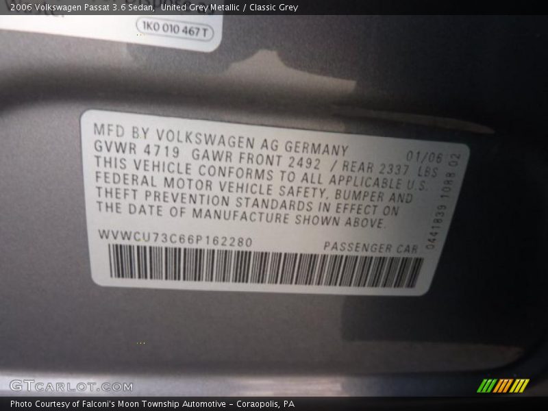 United Grey Metallic / Classic Grey 2006 Volkswagen Passat 3.6 Sedan