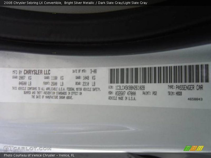 Bright Silver Metallic / Dark Slate Gray/Light Slate Gray 2008 Chrysler Sebring LX Convertible