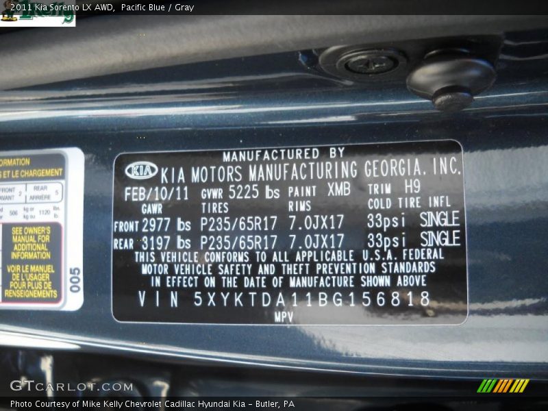 Pacific Blue / Gray 2011 Kia Sorento LX AWD
