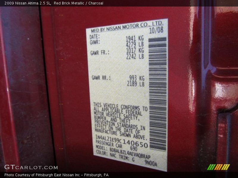 Red Brick Metallic / Charcoal 2009 Nissan Altima 2.5 SL