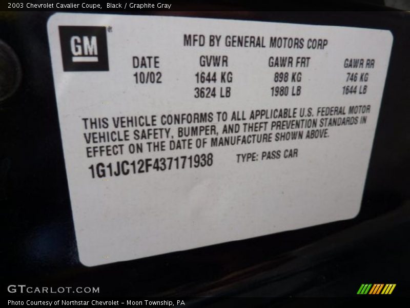 Black / Graphite Gray 2003 Chevrolet Cavalier Coupe