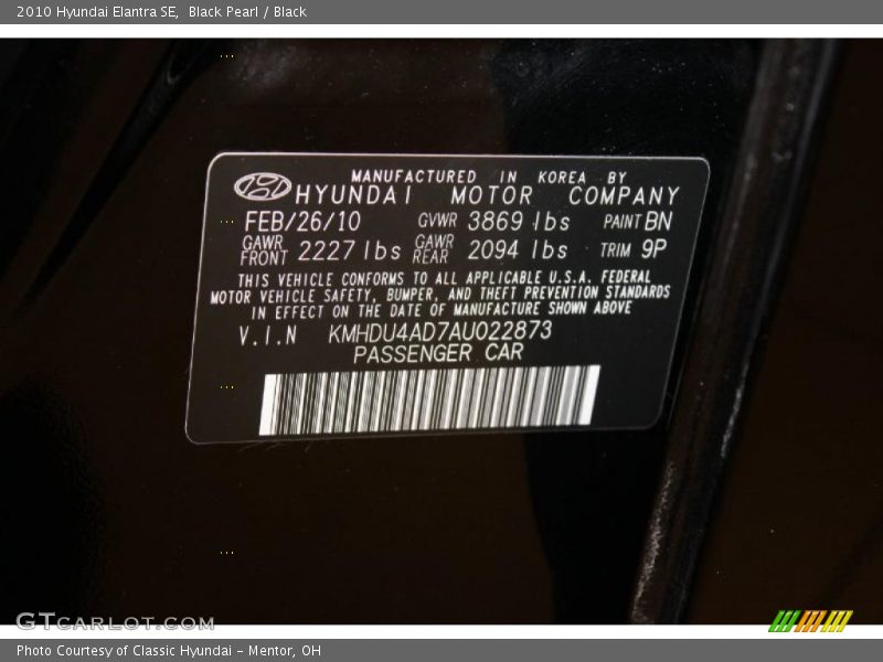 2010 Elantra SE Black Pearl Color Code BN