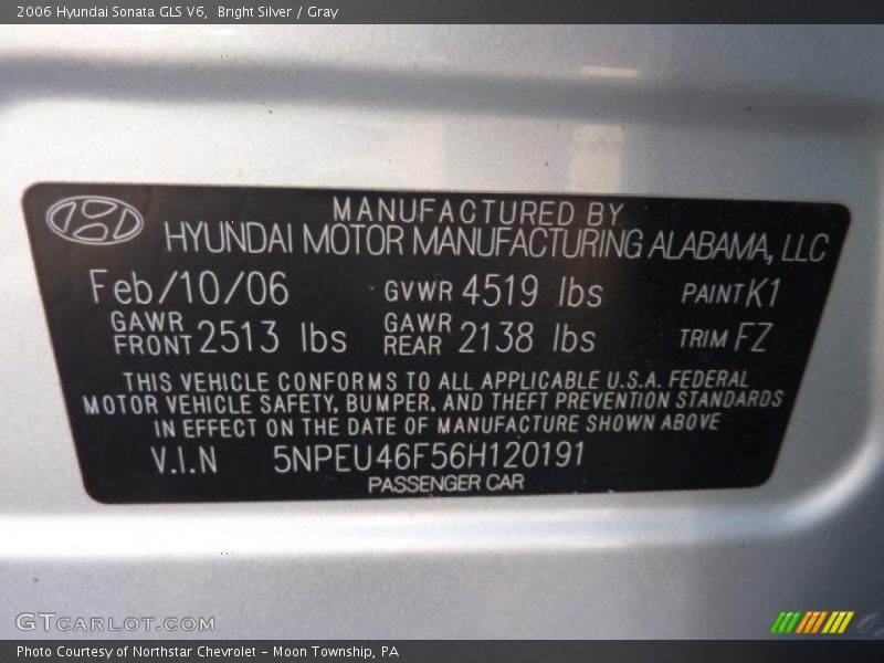 2006 Sonata GLS V6 Bright Silver Color Code K1