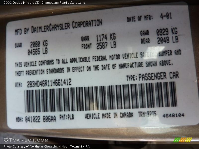 2001 Intrepid SE Champagne Pearl Color Code PLB