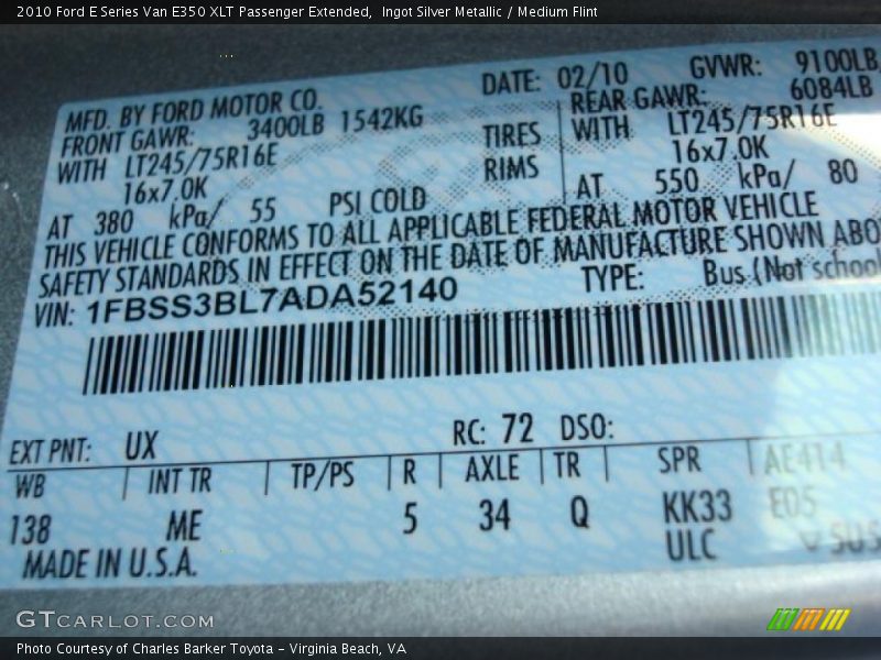 2010 E Series Van E350 XLT Passenger Extended Ingot Silver Metallic Color Code UX