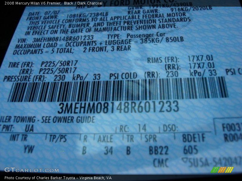 Black / Dark Charcoal 2008 Mercury Milan V6 Premier