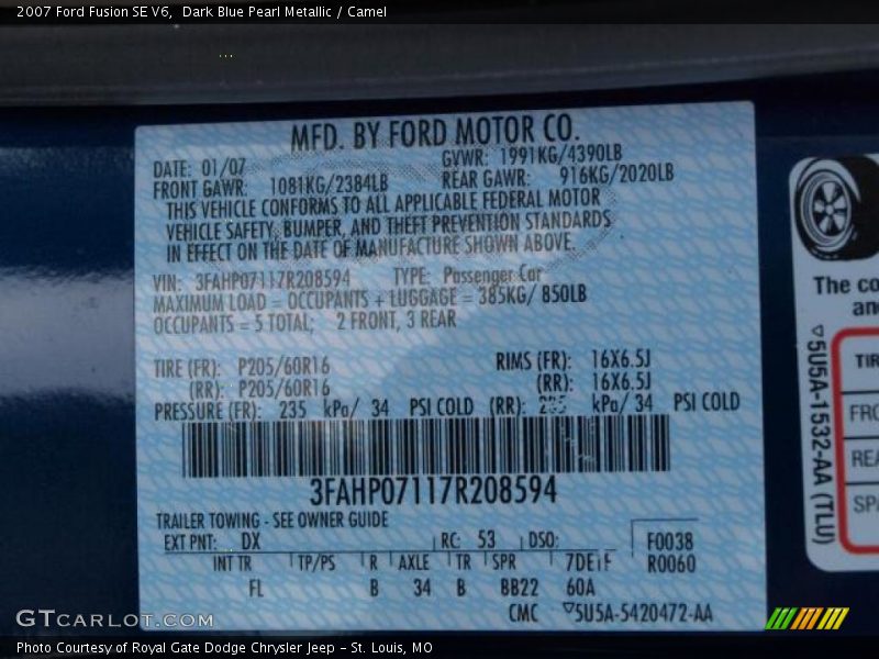 Dark Blue Pearl Metallic / Camel 2007 Ford Fusion SE V6