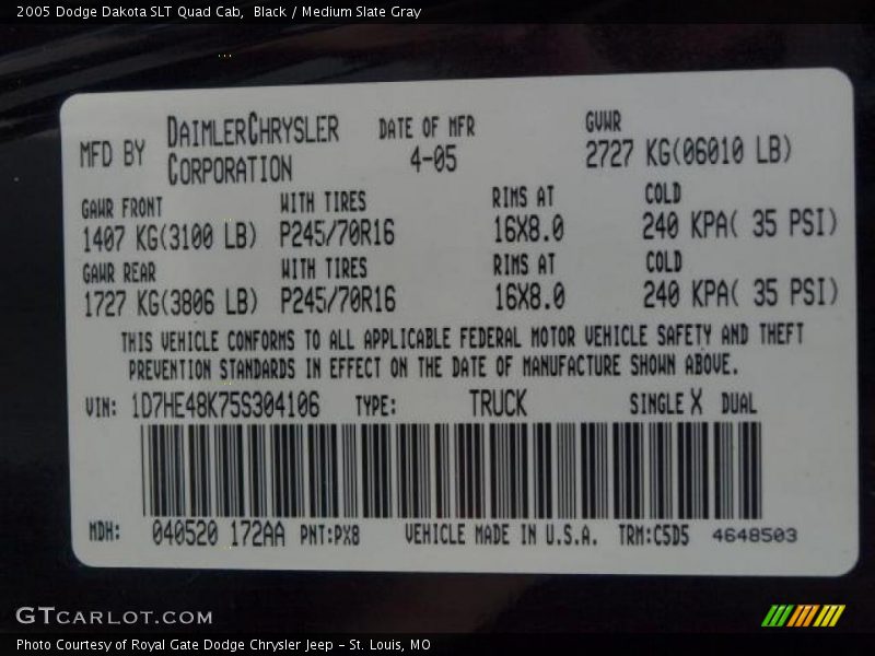 Black / Medium Slate Gray 2005 Dodge Dakota SLT Quad Cab