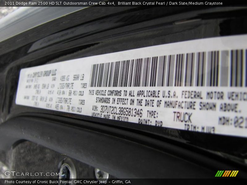 Brilliant Black Crystal Pearl / Dark Slate/Medium Graystone 2011 Dodge Ram 2500 HD SLT Outdoorsman Crew Cab 4x4