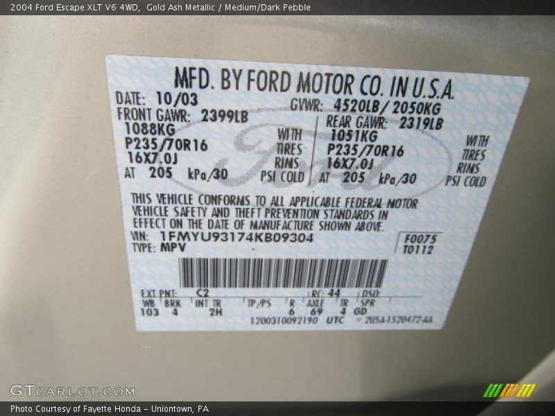 Gold Ash Metallic / Medium/Dark Pebble 2004 Ford Escape XLT V6 4WD