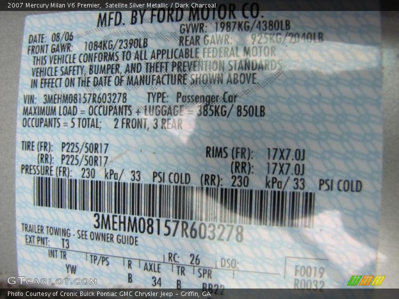 2007 Milan V6 Premier Satellite Silver Metallic Color Code T3