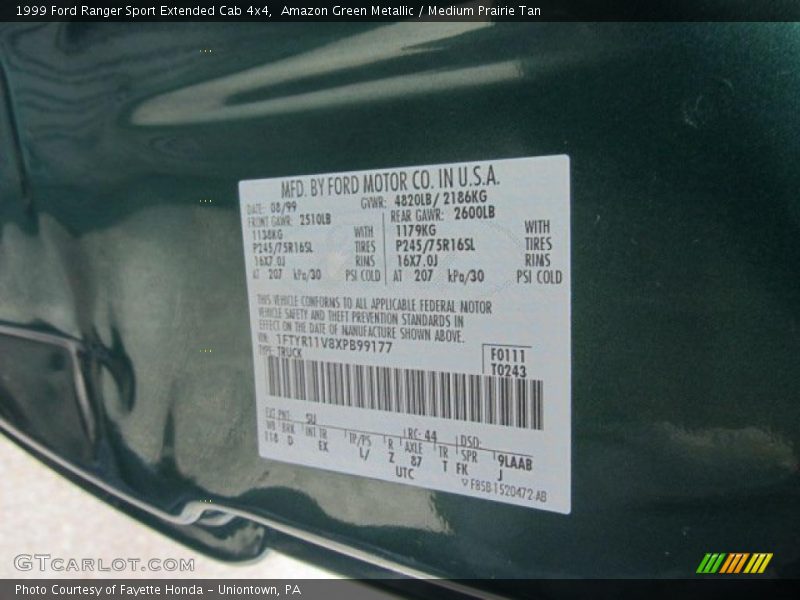 1999 Ranger Sport Extended Cab 4x4 Amazon Green Metallic Color Code SU