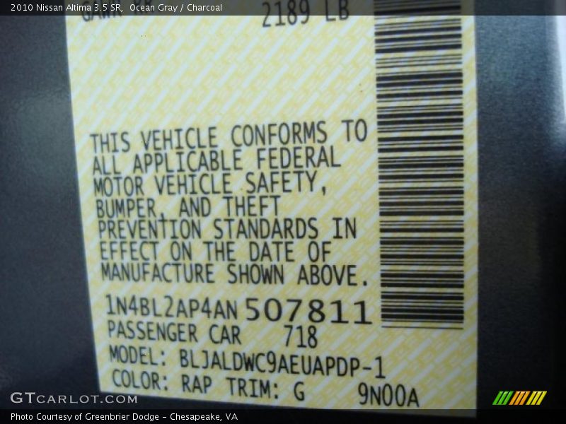 Ocean Gray / Charcoal 2010 Nissan Altima 3.5 SR