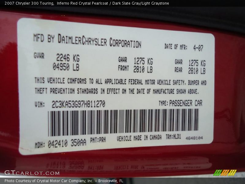 2007 300 Touring Inferno Red Crystal Pearlcoat Color Code PRH