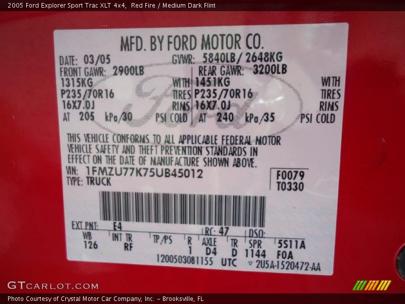 Red Fire / Medium Dark Flint 2005 Ford Explorer Sport Trac XLT 4x4