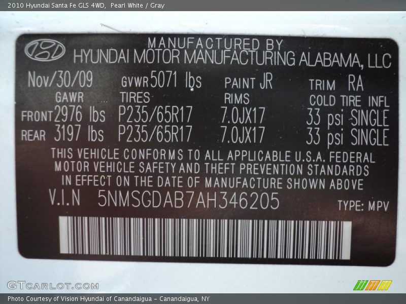 Pearl White / Gray 2010 Hyundai Santa Fe GLS 4WD