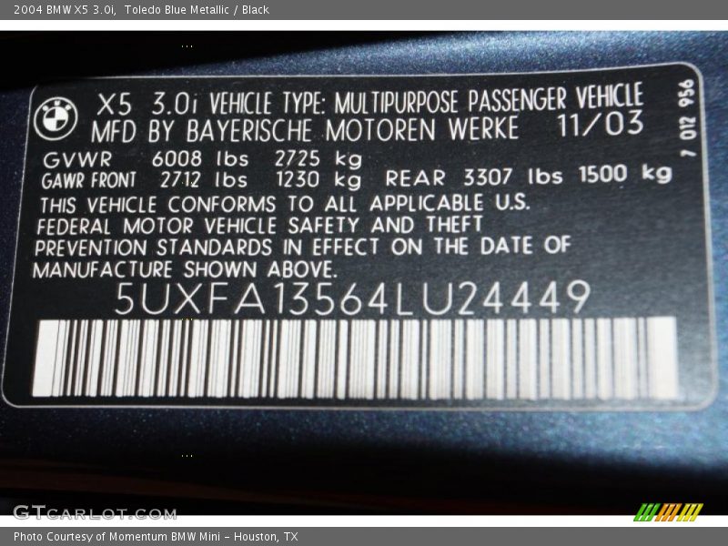 Toledo Blue Metallic / Black 2004 BMW X5 3.0i
