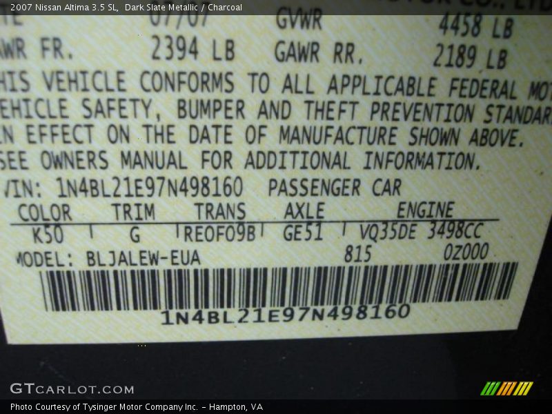 2007 Altima 3.5 SL Dark Slate Metallic Color Code K50