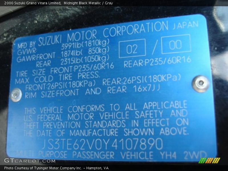 Midnight Black Metallic / Gray 2000 Suzuki Grand Vitara Limited