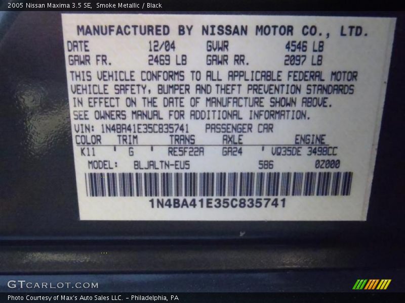 Smoke Metallic / Black 2005 Nissan Maxima 3.5 SE
