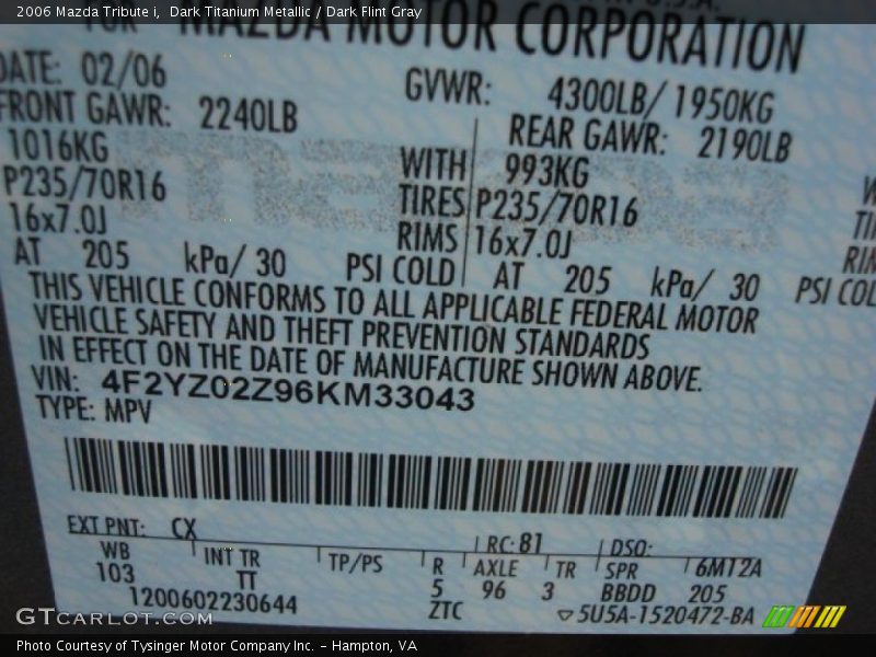 2006 Tribute i Dark Titanium Metallic Color Code CX