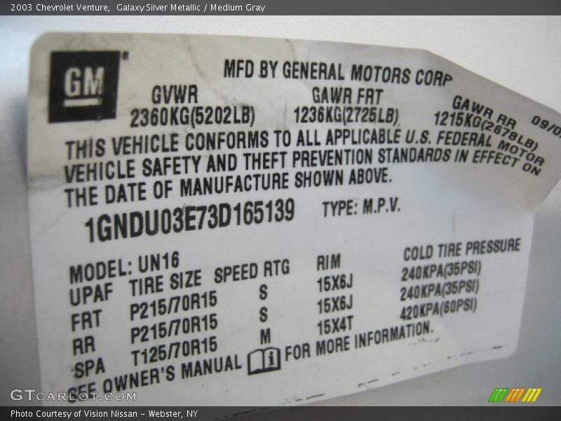 Galaxy Silver Metallic / Medium Gray 2003 Chevrolet Venture