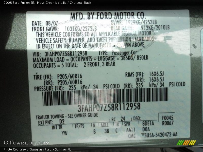 Moss Green Metallic / Charcoal Black 2008 Ford Fusion SE