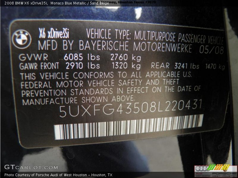 Monaco Blue Metallic / Sand Beige 2008 BMW X6 xDrive35i
