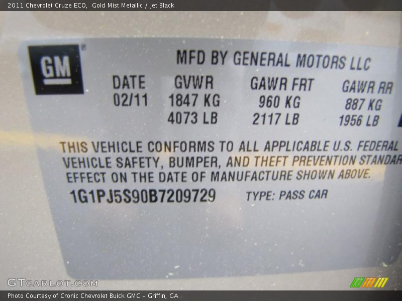 Info Tag of 2011 Cruze ECO