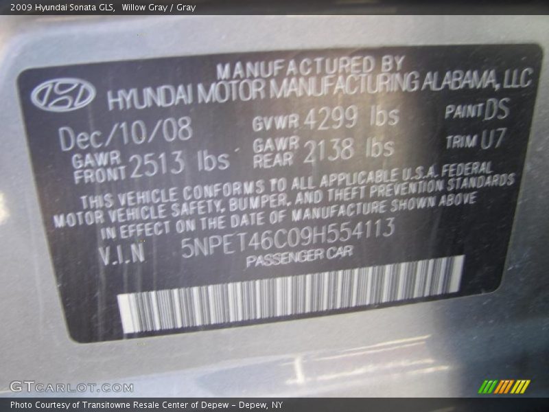 Willow Gray / Gray 2009 Hyundai Sonata GLS