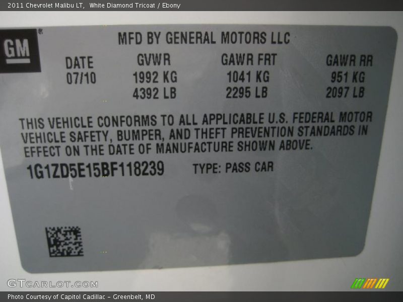 White Diamond Tricoat / Ebony 2011 Chevrolet Malibu LT