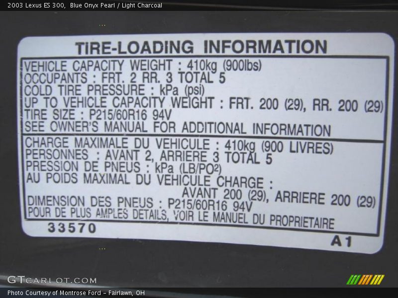 Blue Onyx Pearl / Light Charcoal 2003 Lexus ES 300