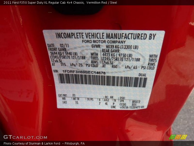 2011 F350 Super Duty XL Regular Cab 4x4 Chassis Vermillion Red Color Code F1