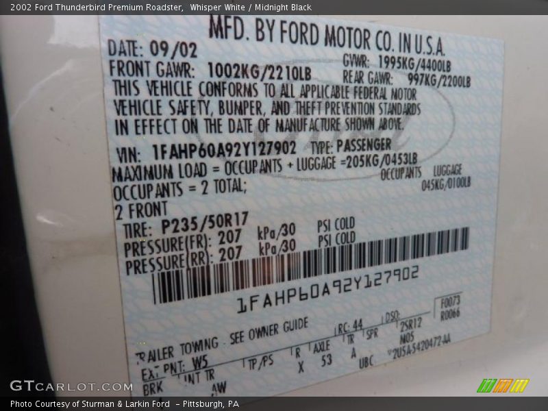 Whisper White / Midnight Black 2002 Ford Thunderbird Premium Roadster