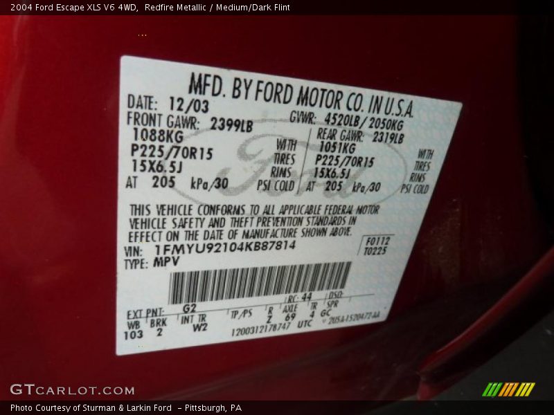 2004 Escape XLS V6 4WD Redfire Metallic Color Code G2