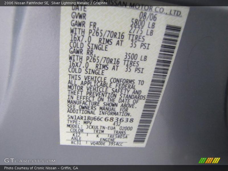2006 Pathfinder SE Silver Lightning Metallic Color Code K12