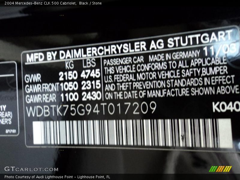 2004 CLK 500 Cabriolet Black Color Code 040