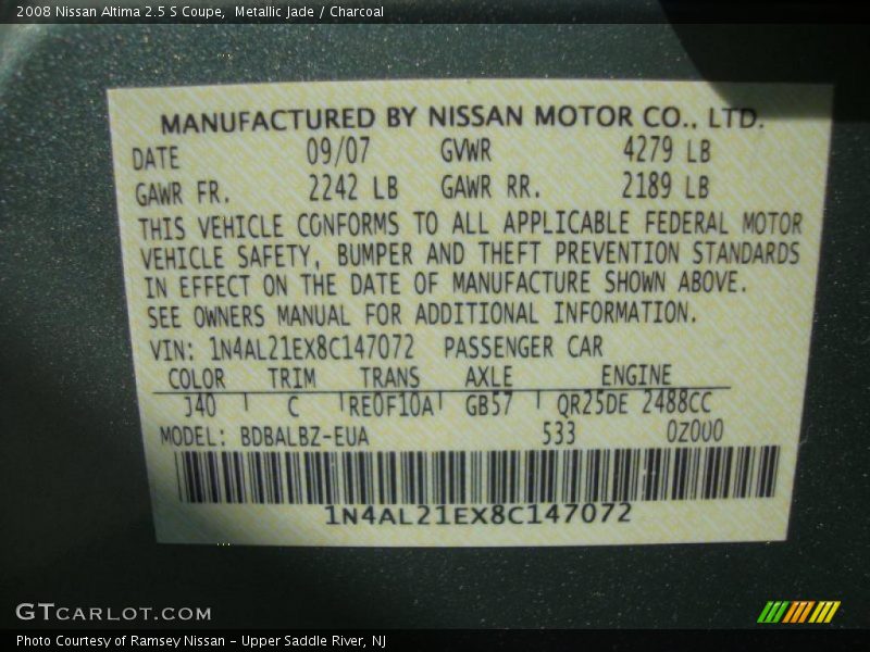Metallic Jade / Charcoal 2008 Nissan Altima 2.5 S Coupe