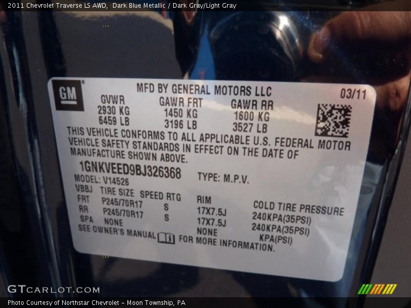 Dark Blue Metallic / Dark Gray/Light Gray 2011 Chevrolet Traverse LS AWD