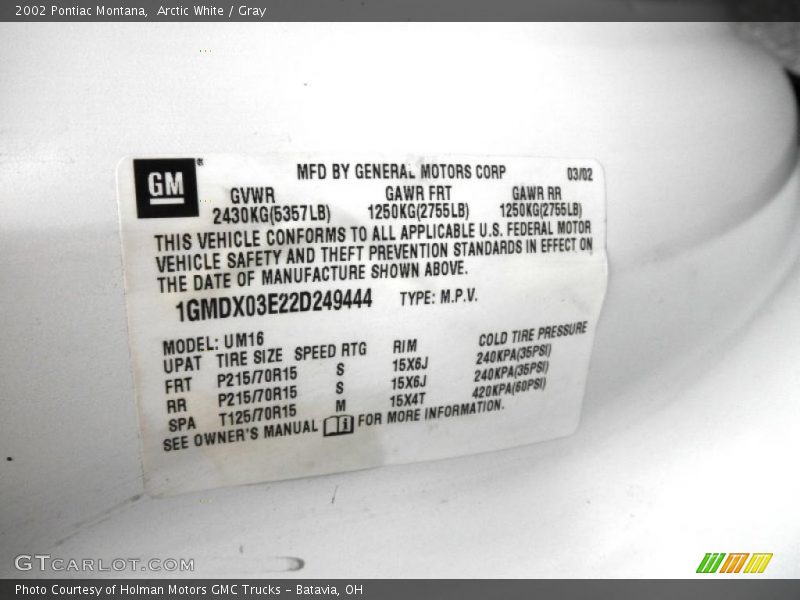Info Tag of 2002 Montana 
