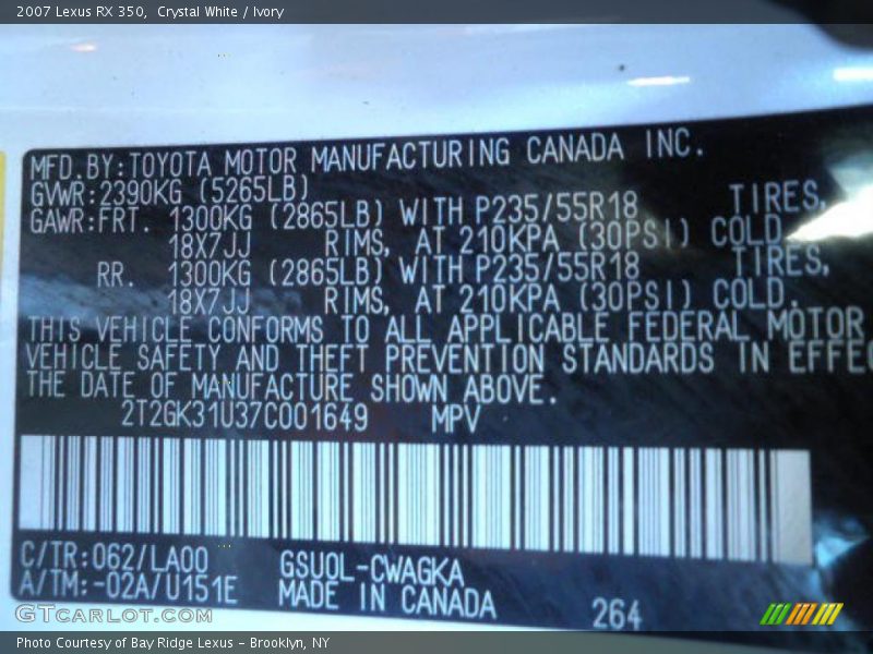 Crystal White / Ivory 2007 Lexus RX 350
