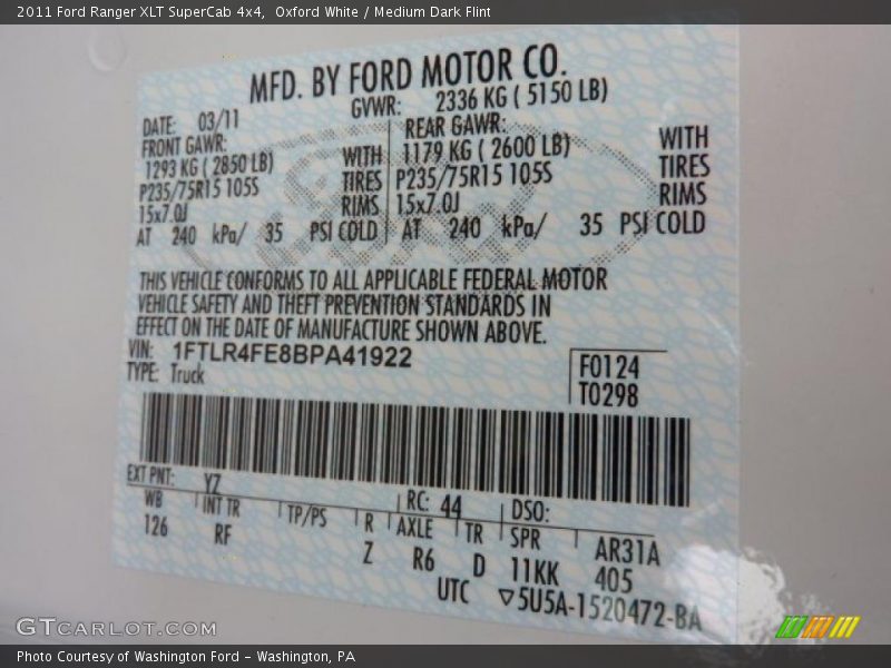 Oxford White / Medium Dark Flint 2011 Ford Ranger XLT SuperCab 4x4